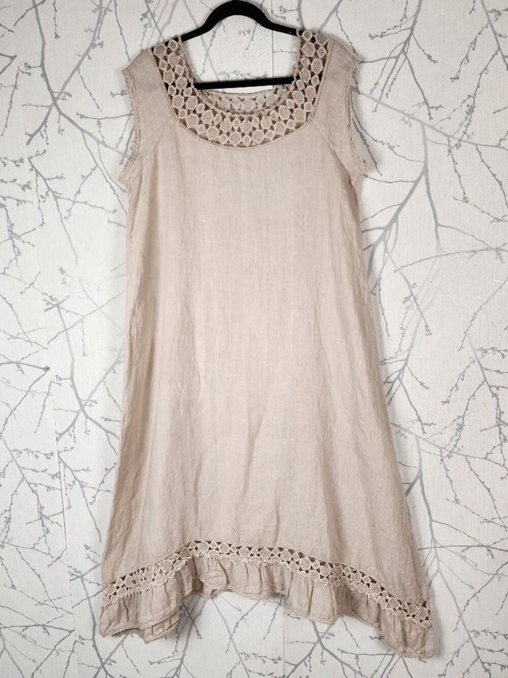Francesca Bettini Oatmeal 100% Linen V-Neck Midi Shirt Dress